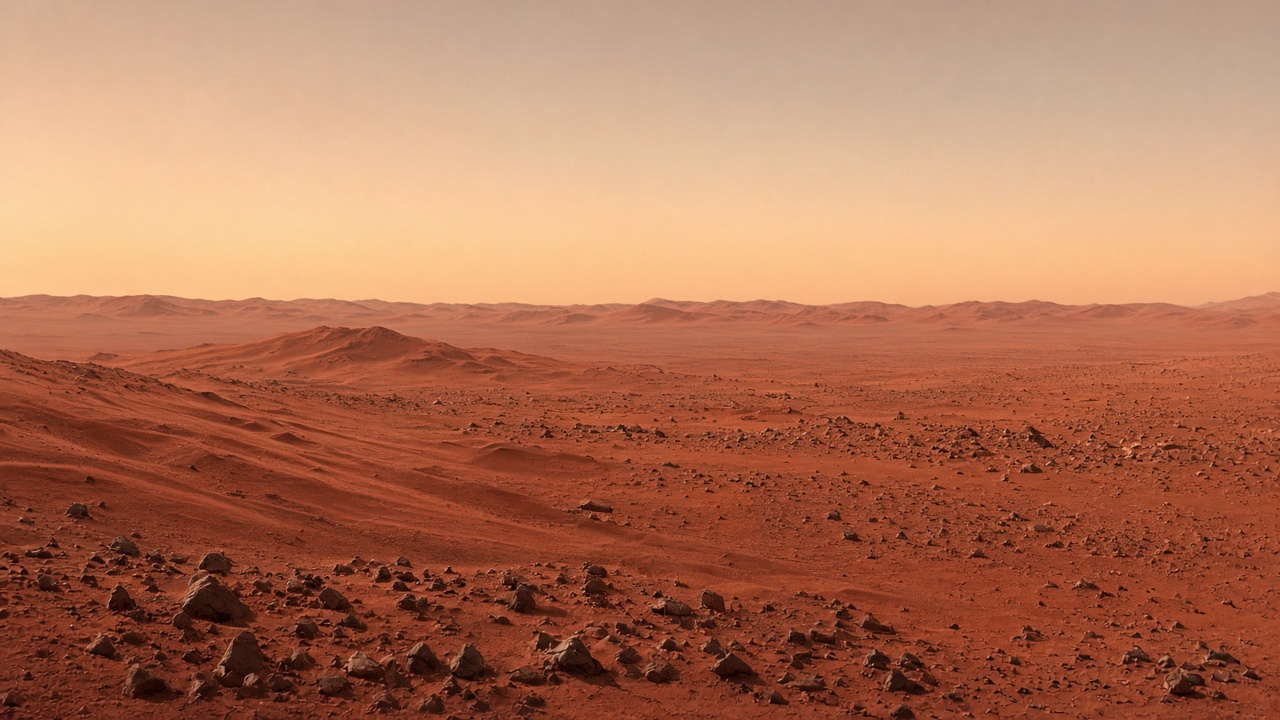 Photoreal empty Martian surface under a dusty sky