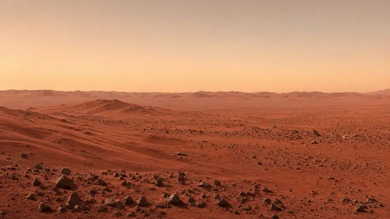 illustration of an empty rocky martian plain at dusk